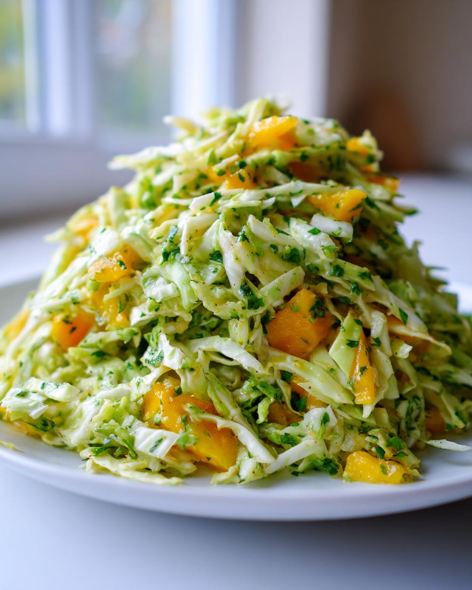 A vibrant mound of fresh mango slaw, featuring shredded cabbage and bright orange mango chunks, served on a white plate.