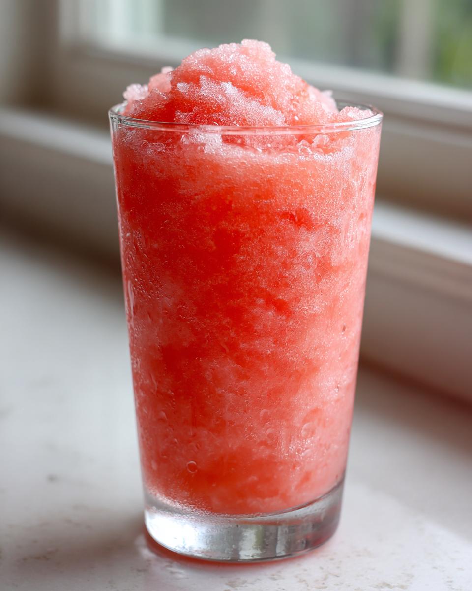 Close-up of a tall glass filled with bright pink, icy frozen strawberry lemonade.