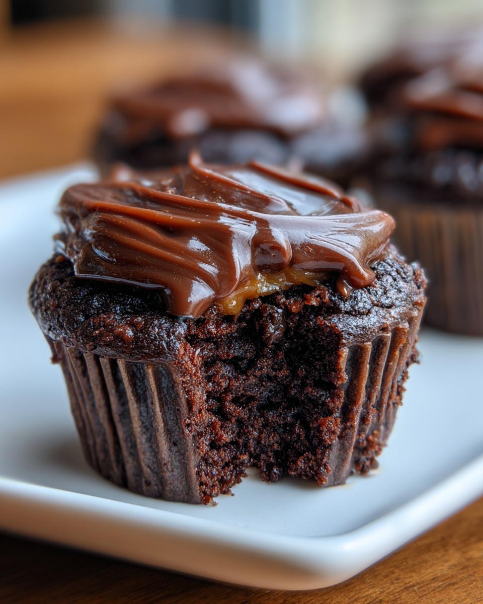 A close-up of a fudgy brownie cupcake with a bite taken out, topped with glossy chocolate frosting and caramel.