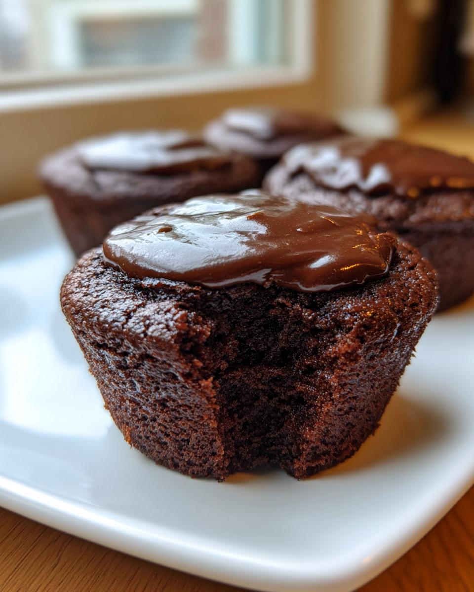 Close-up of a fudgy brownie cupcake with a bite taken out, topped with shiny chocolate glaze. Perfect brownie cupcakes.
