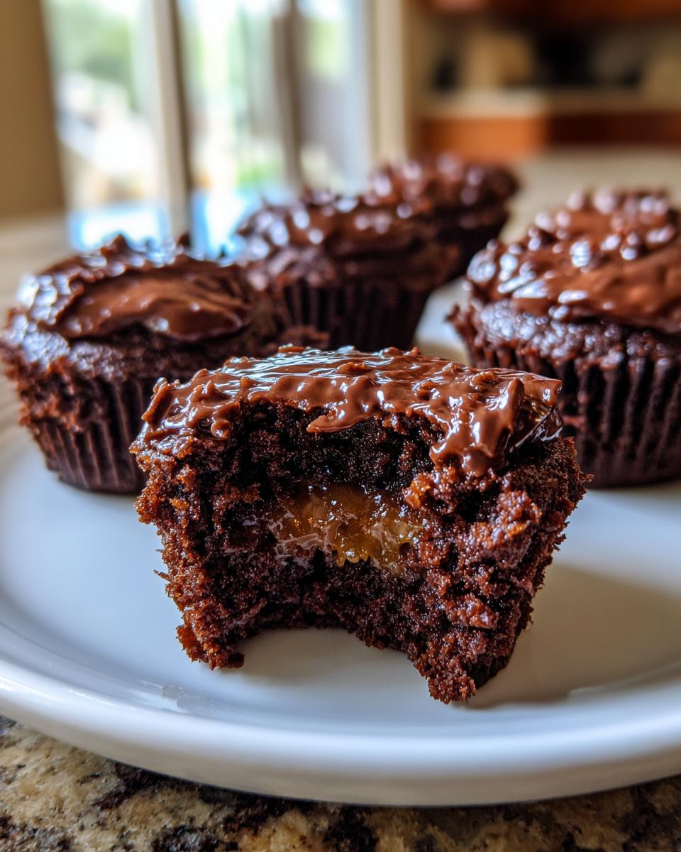 Close-up of a fudgy brownie cupcake with a bite taken out, revealing a gooey caramel center. More brownie cupcakes are in the background.