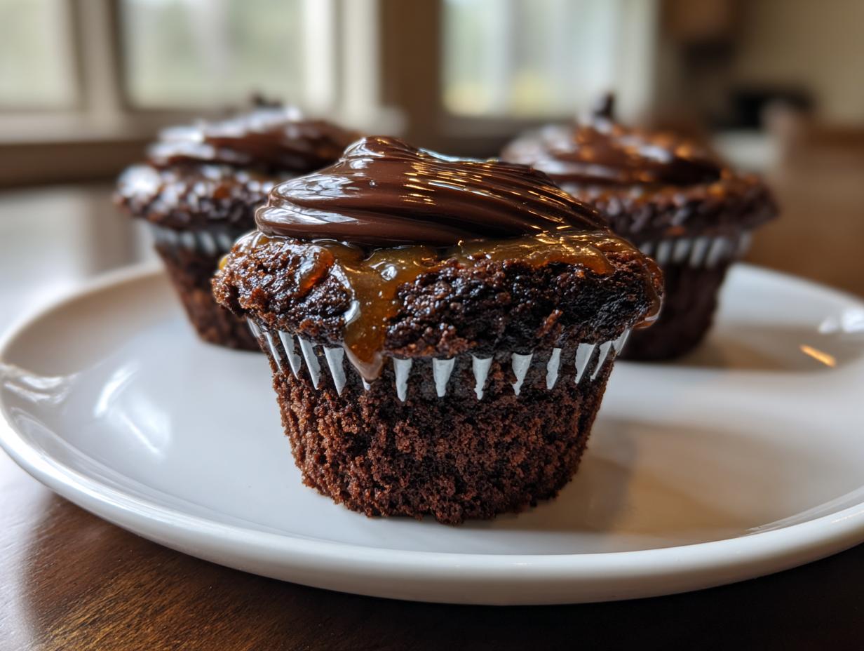 Close-up of a fudgy brownie cupcake topped with chocolate frosting and caramel drizzle, sitting on a white plate.