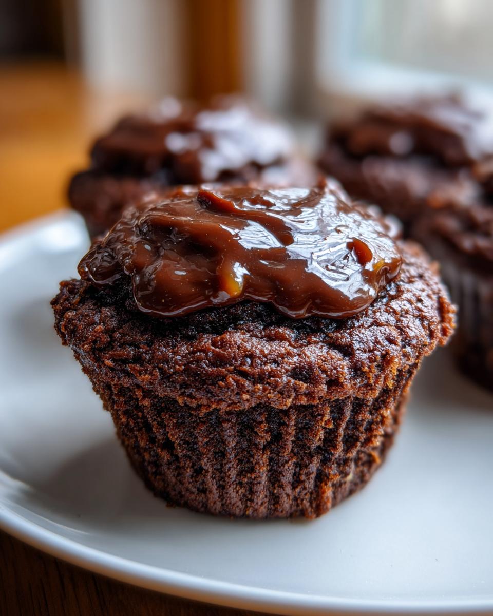A close-up of a rich, dark chocolate brownie cupcake topped with a glossy, thick chocolate frosting.