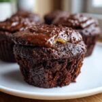 A close-up shot of a rich, dark brownie cupcake topped with glossy chocolate frosting and a hint of caramel filling.