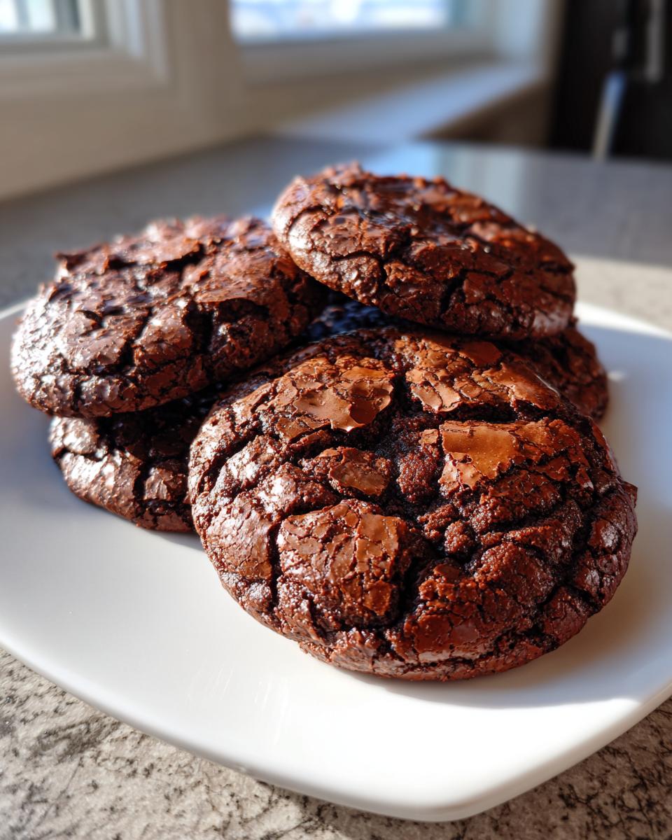 A stack of rich, dark, fudgy brownie mix cookies with cracked tops resting on a white plate.
