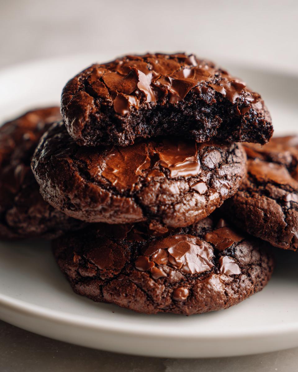 A stack of rich, dark brownie mix cookies, one on top is broken open showing a fudgy interior and melted chocolate chips.
