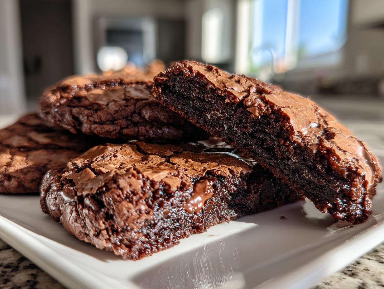 Close-up of fudgy brownie mix cookies stacked on a white plate, showing gooey centers and cracked tops.