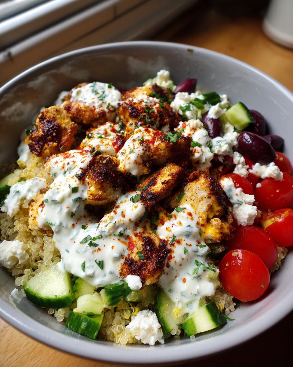 Close-up of a Garlic Mediterranean Chicken Bowl featuring seasoned chicken, quinoa, cucumbers, tomatoes, feta, and a creamy sauce.
