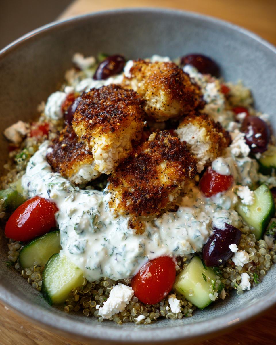 Close-up of a Garlic Mediterranean Chicken Bowl featuring seasoned chicken pieces over quinoa, topped with tzatziki sauce, cucumbers, tomatoes, olives, and feta.