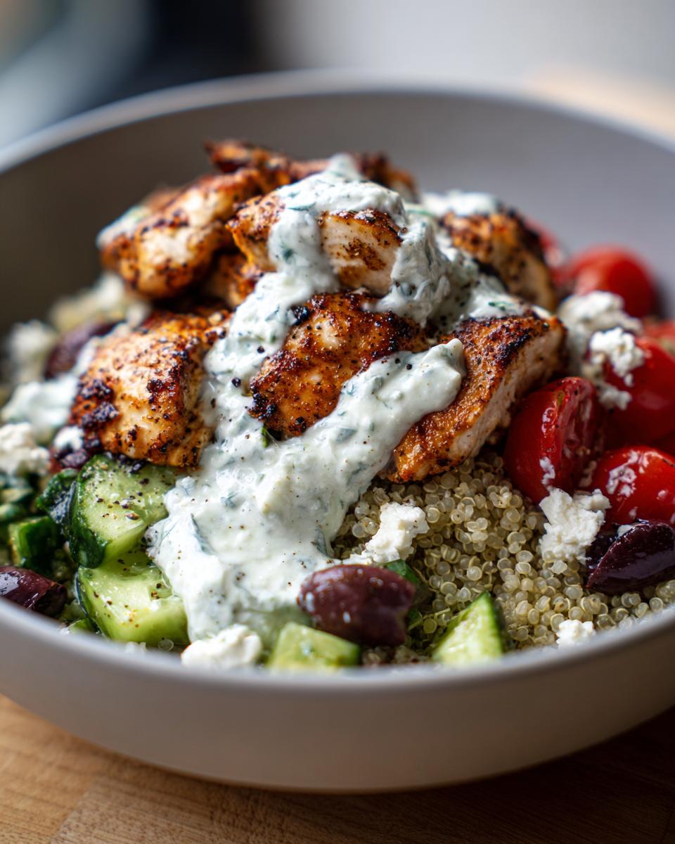 Close-up of a Garlic Mediterranean Chicken Bowl featuring seasoned chicken, quinoa, cucumbers, tomatoes, olives, and tzatziki sauce.