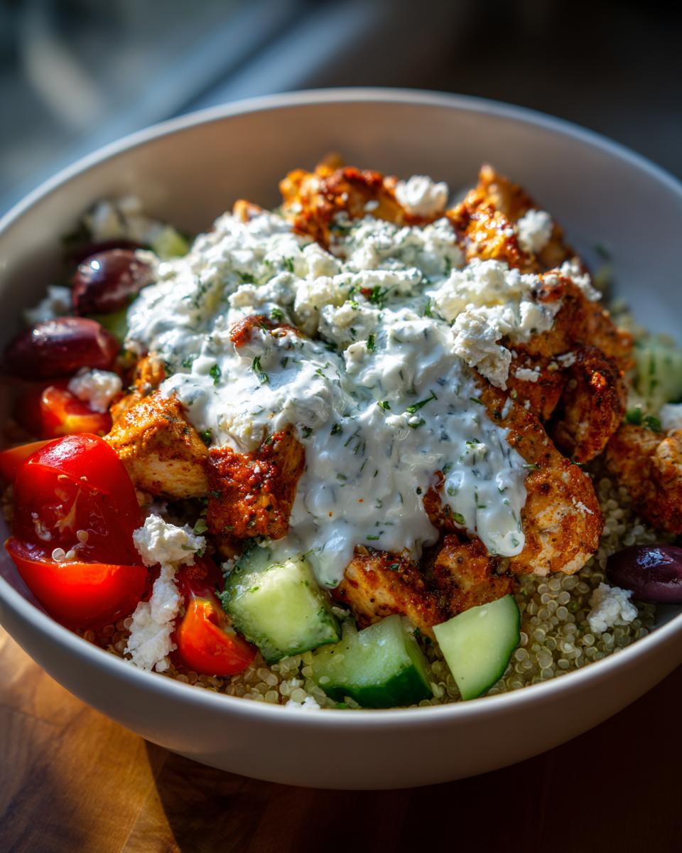 Close-up of a Garlic Mediterranean Chicken Bowl featuring seasoned chicken, quinoa, cucumbers, tomatoes, olives, feta, and tzatziki sauce.