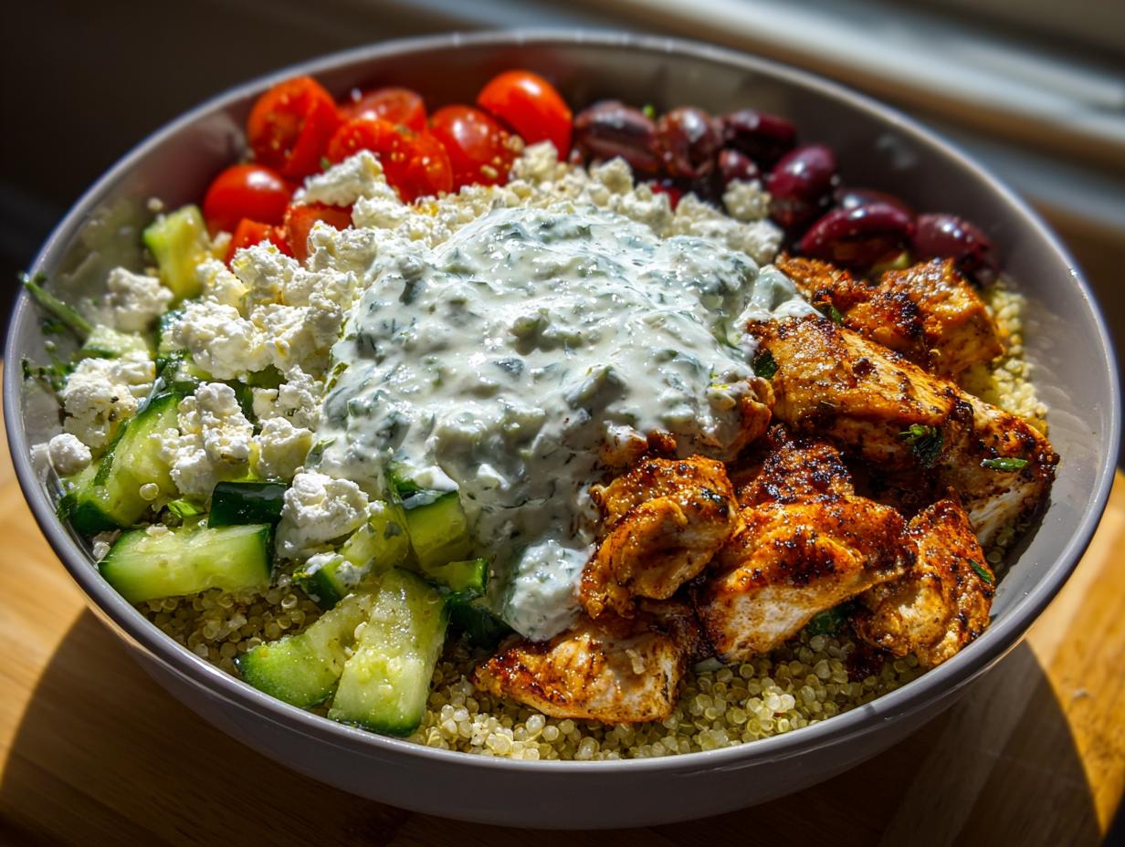 Close-up of a vibrant garlic mediterranean chicken bowl featuring seasoned chicken, quinoa, cucumbers, feta, and tzatziki.
