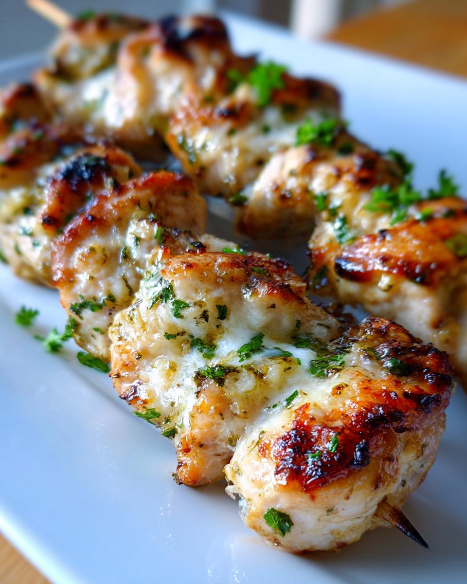 Close-up of perfectly grilled garlic parmesan chicken skewers topped with melted cheese and fresh parsley.