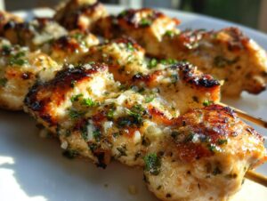 Close-up of grilled, juicy garlic parmesan chicken skewers glistening with butter and herbs on a white plate.