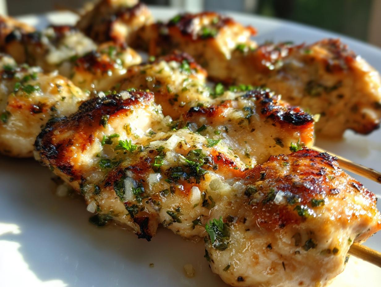 Close-up of grilled, juicy garlic parmesan chicken skewers glistening with butter and herbs on a white plate.