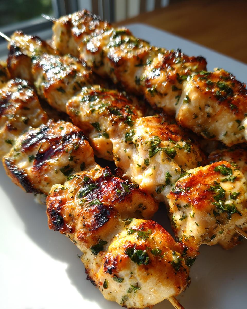 Close-up of several juicy, grilled garlic parmesan chicken skewers seasoned with fresh parsley.