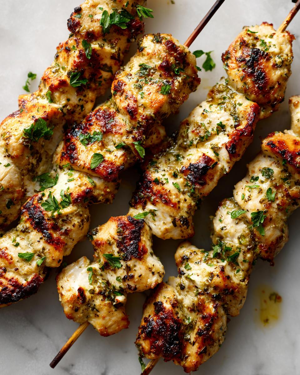 Close-up of perfectly grilled garlic parmesan chicken skewers seasoned with herbs and showing char marks.