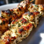 Close-up, appetizing shot of grilled garlic parmesan chicken skewers coated in herbs and showing char marks.