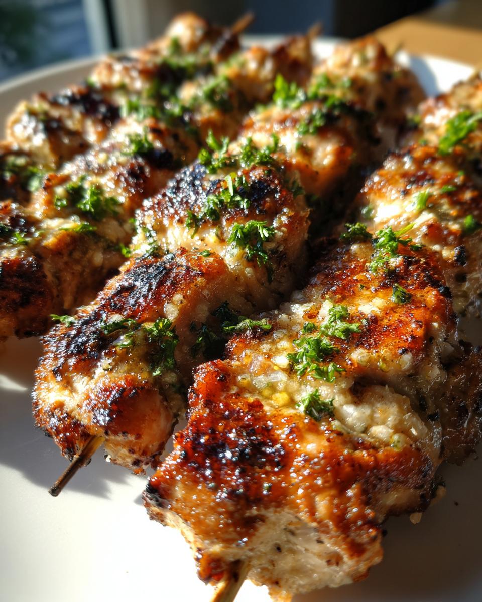 Close-up of juicy, grilled garlic parmesan chicken skewers topped with fresh parsley.