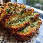 Close-up of sliced, golden-brown garlic parmesan herb bread topped generously with melted cheese and fresh parsley.