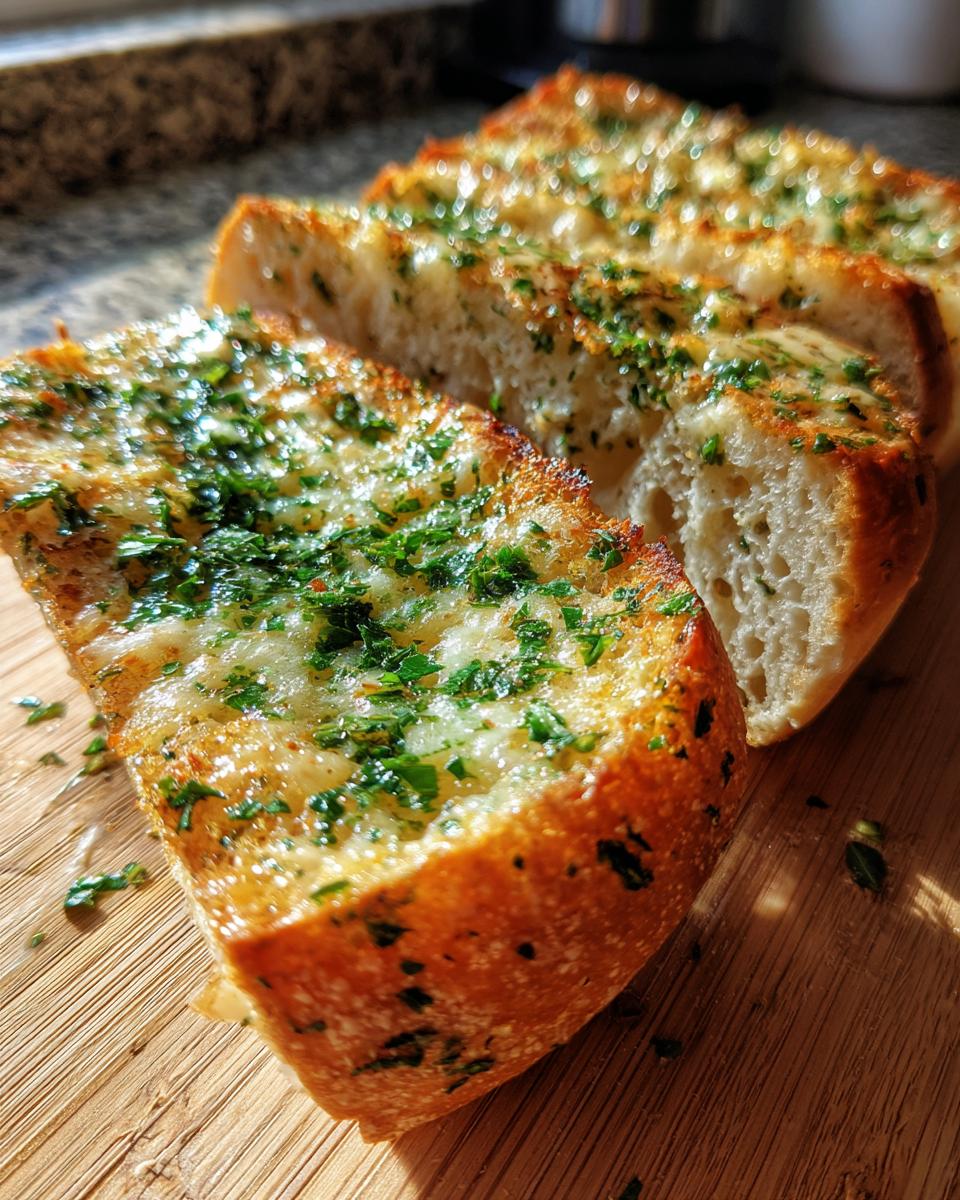 Close-up of three golden-brown slices of garlic parmesan herb bread topped with melted cheese and fresh green herbs.
