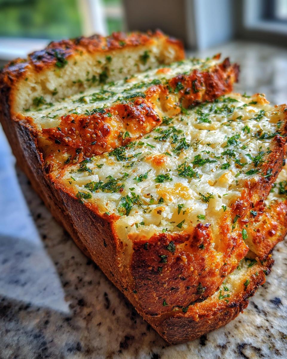 Close-up of sliced loaf of amazing 4-ingredient garlic parmesan herb bread with melted cheese and green herbs.