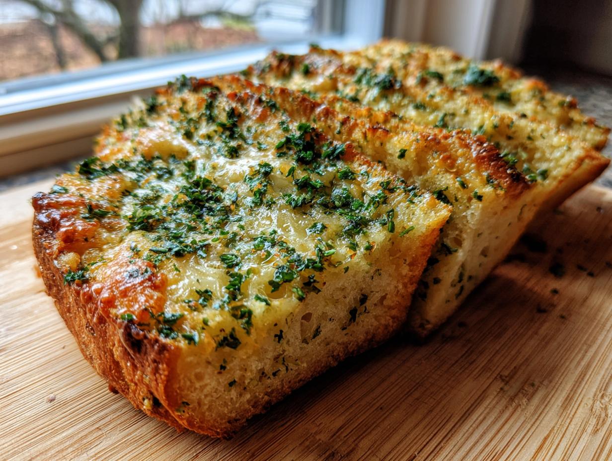 Close-up of golden brown garlic parmesan herb bread slices topped with melted cheese and fresh parsley.