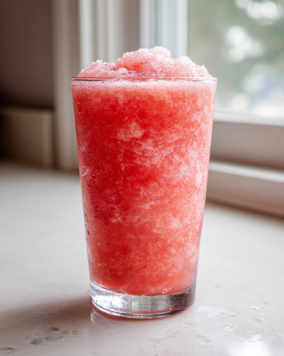 A tall glass filled with bright red, icy frozen strawberry lemonade sitting on a light countertop near a window.