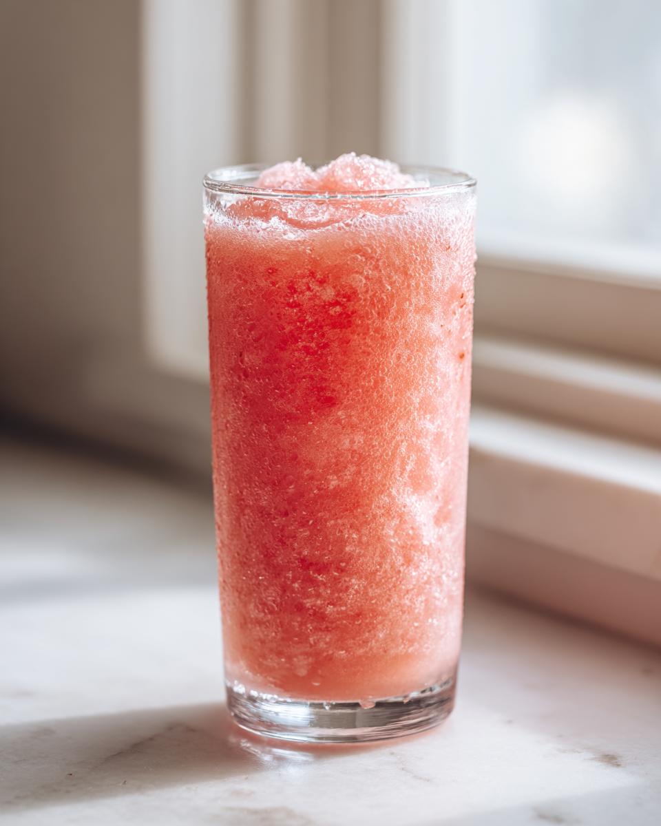 A tall glass filled with bright pink, icy frozen strawberry lemonade sitting on a white marble surface.
