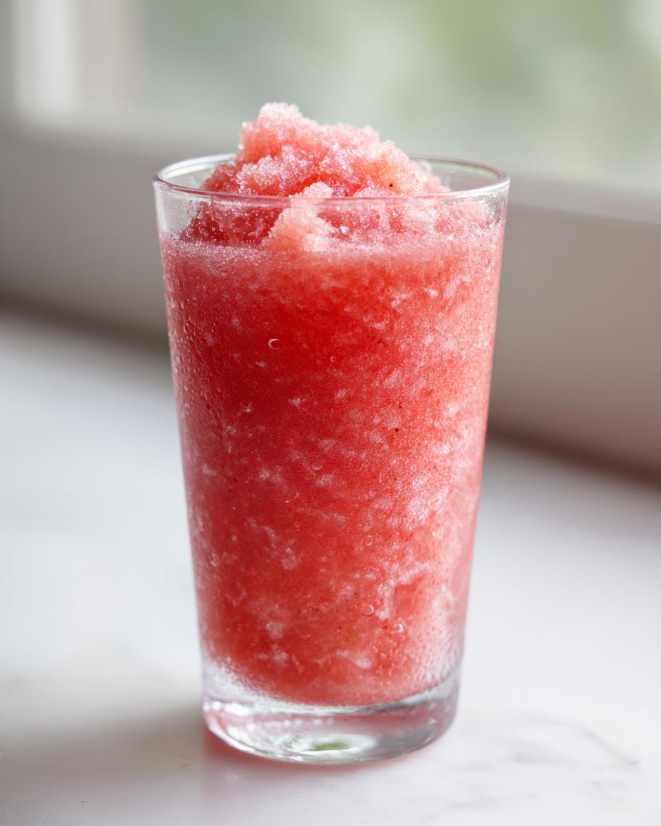 A tall glass filled with bright red, icy frozen strawberry lemonade, showing condensation on the outside.