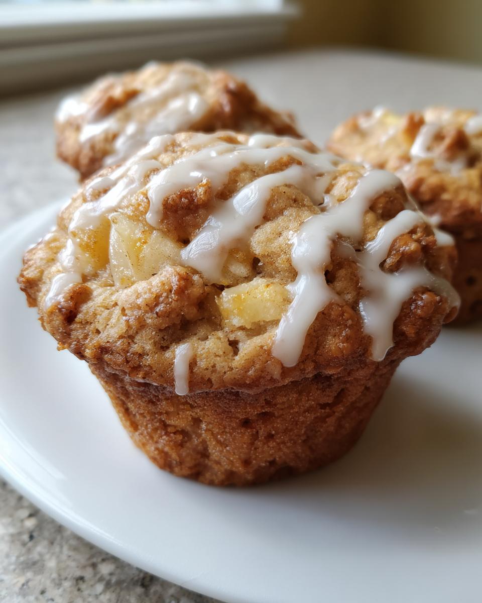 A close-up of a freshly baked apple fritter muffin topped with a white vanilla glaze, showing chunks of apple inside.