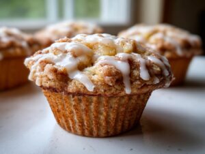 A close-up of a delicious apple fritter muffins topped with cinnamon crumble and white vanilla glaze.