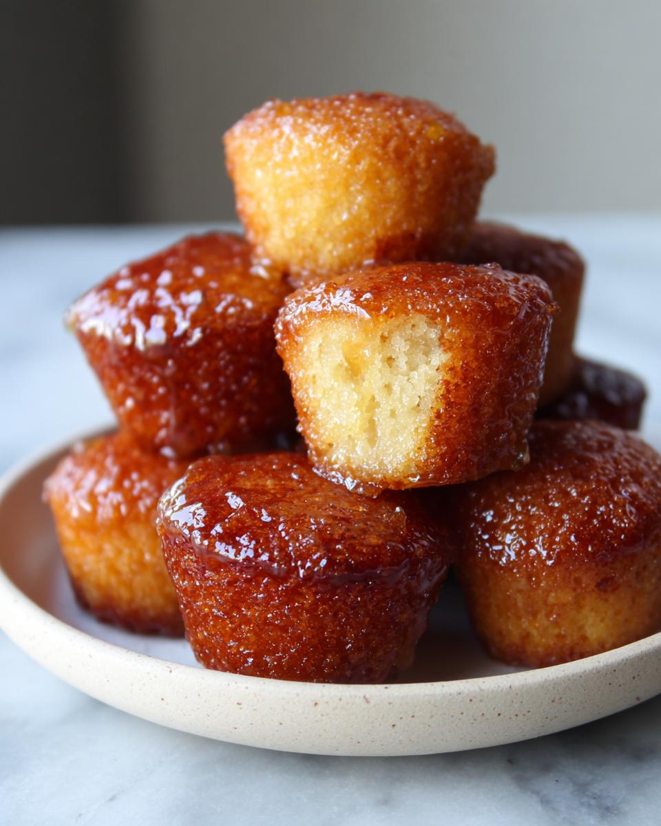 A stack of golden brown, glazed honey butter cornbread poppers piled on a small ceramic plate.