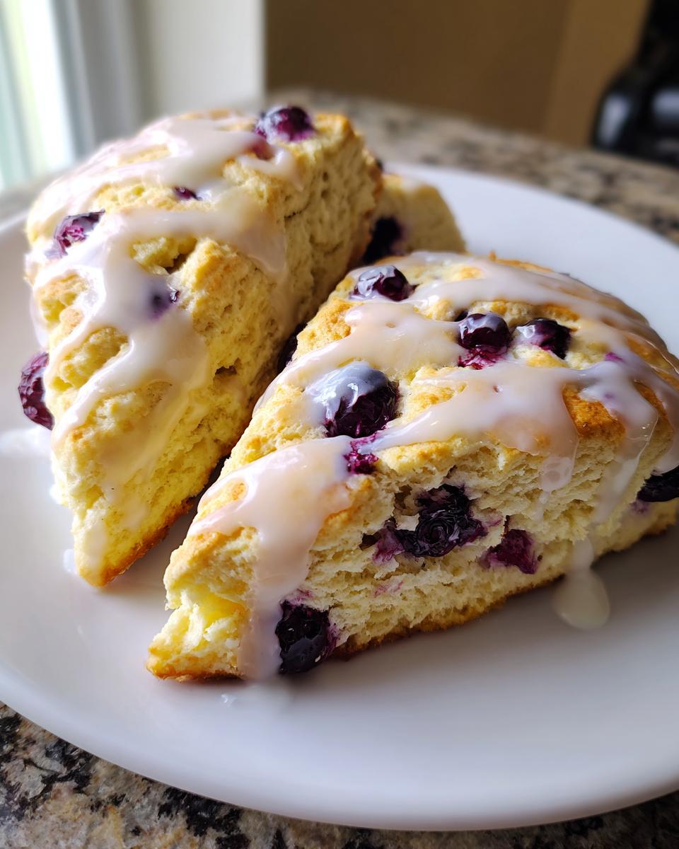 Two triangular lemon blueberry scones topped with a thick white glaze and bursting with blueberries, served on a white plate.