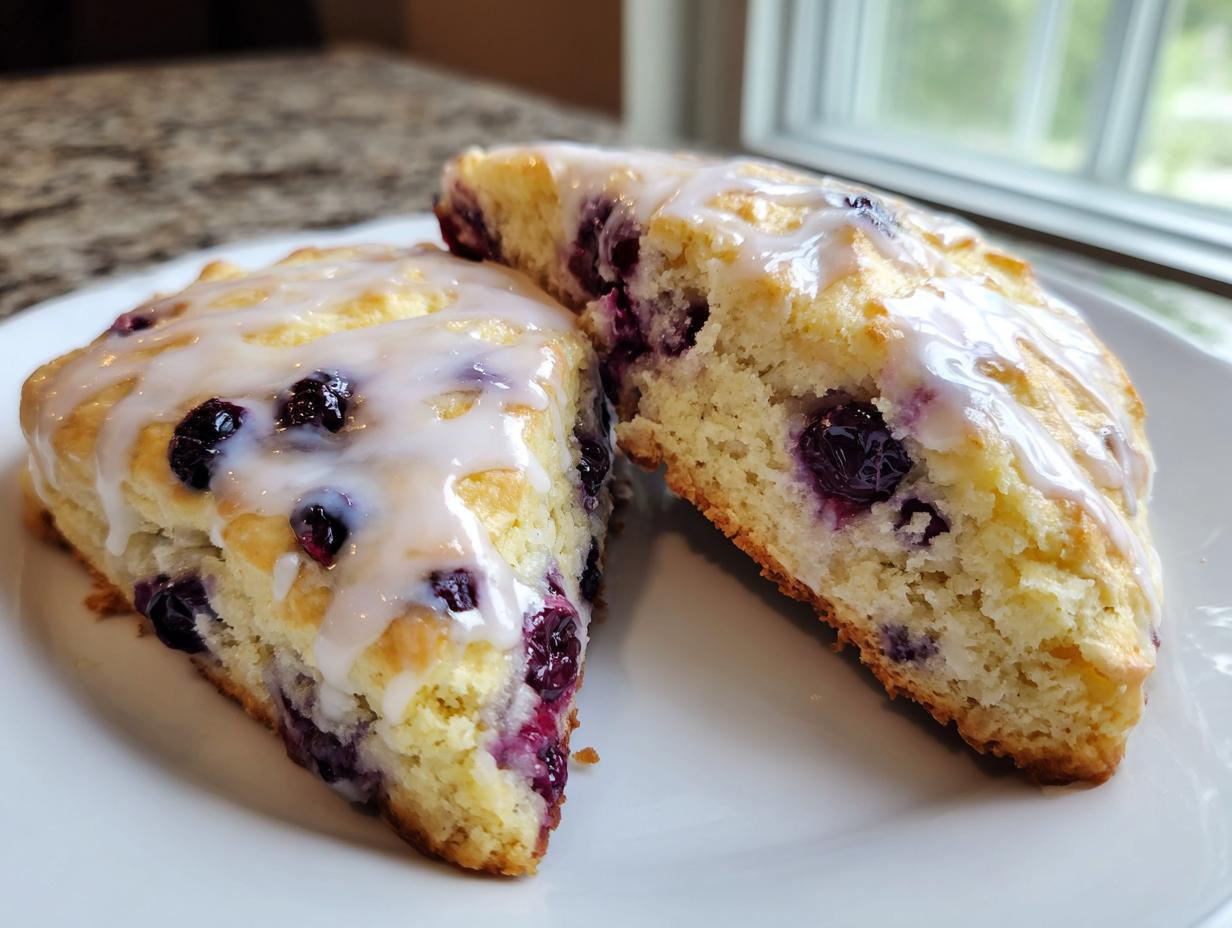 Close-up of two triangular lemon blueberry scones topped with a sweet white glaze, featuring visible blueberries.