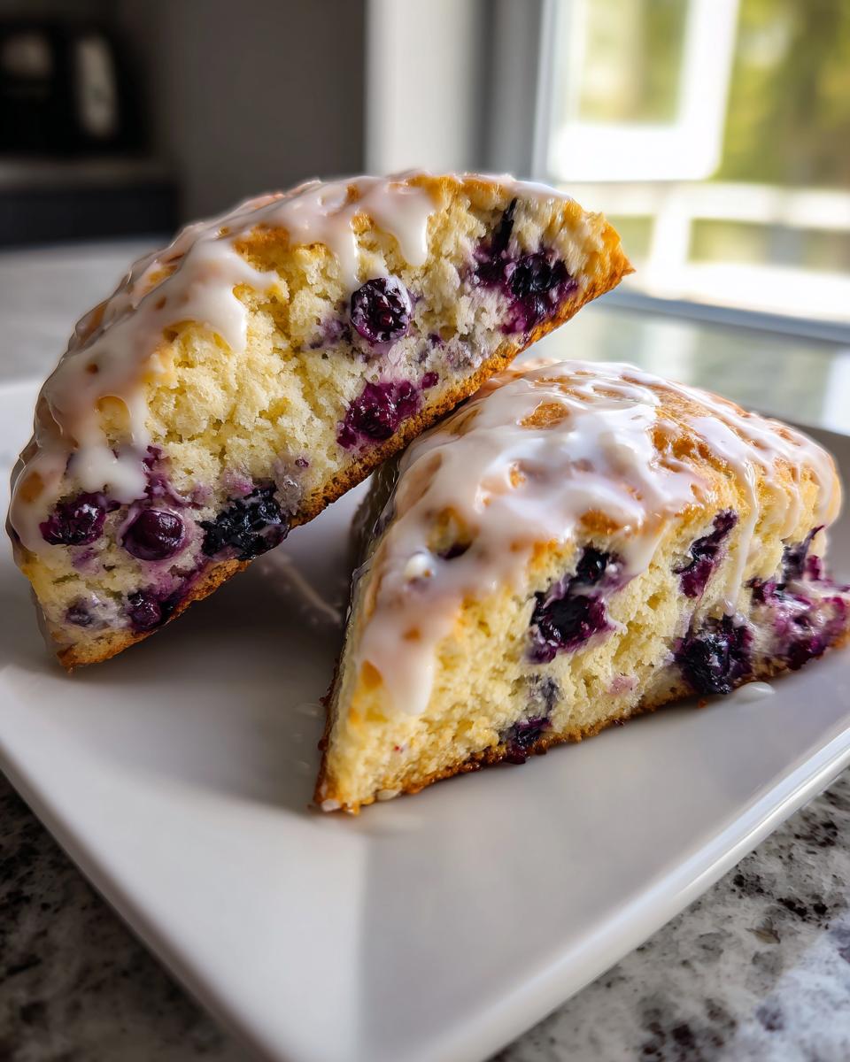 Two halves of a delicious lemon blueberry scones, showing the moist interior packed with blueberries and topped with white glaze.