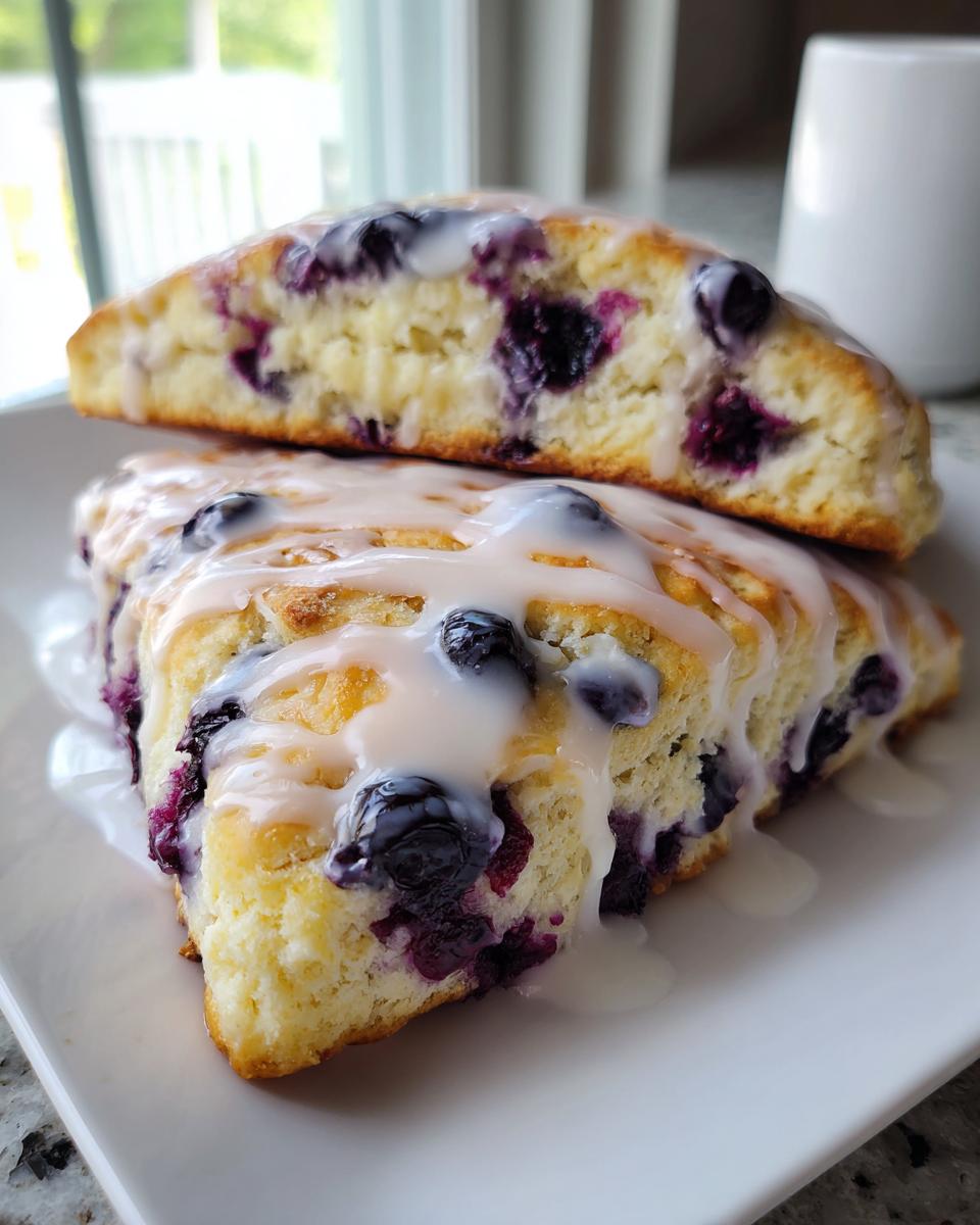 Two halves of a freshly baked lemon blueberry scone stacked, generously drizzled with white lemon glaze.
