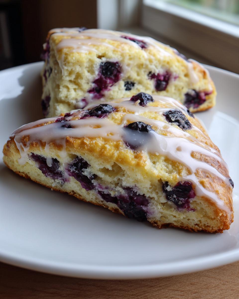 Two triangular lemon blueberry scones, topped with a sweet white glaze, resting on a white plate.