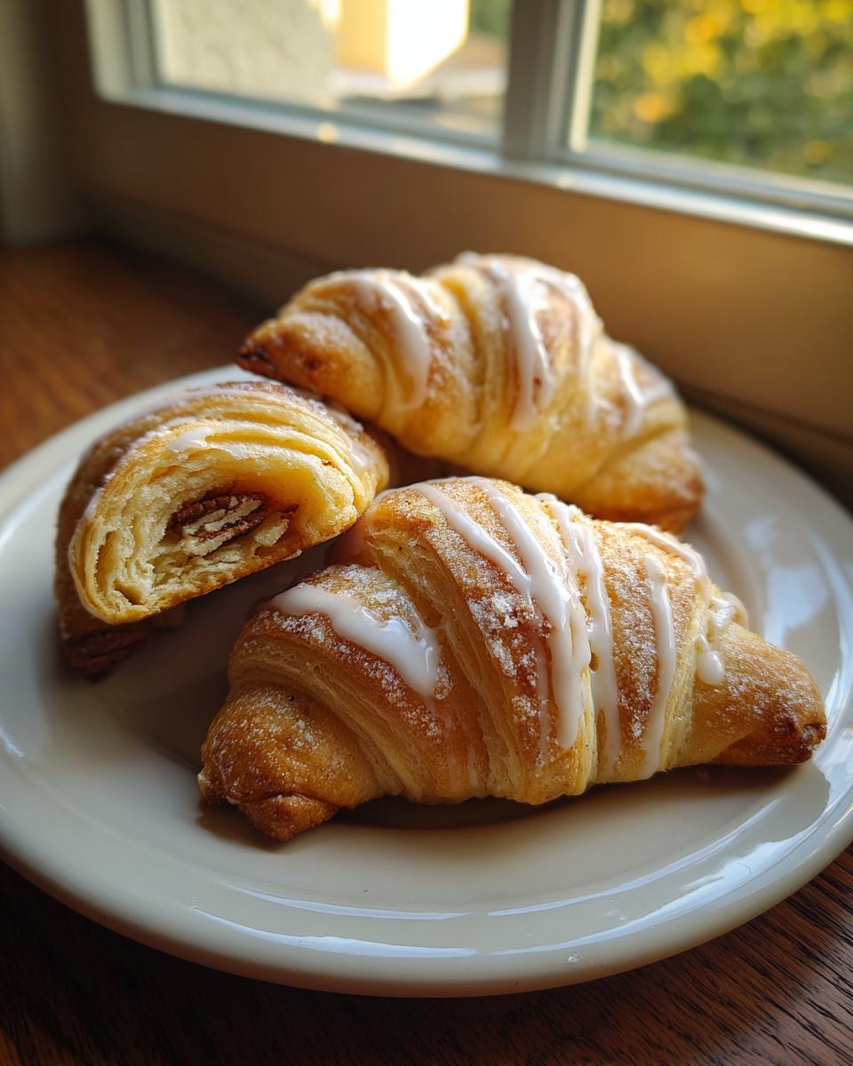 Three golden brown pecan pie crescents drizzled with white icing, one cut open to show the pecan filling.