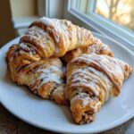 Four golden brown pecan pie crescents drizzled with white icing and powdered sugar on a white plate.