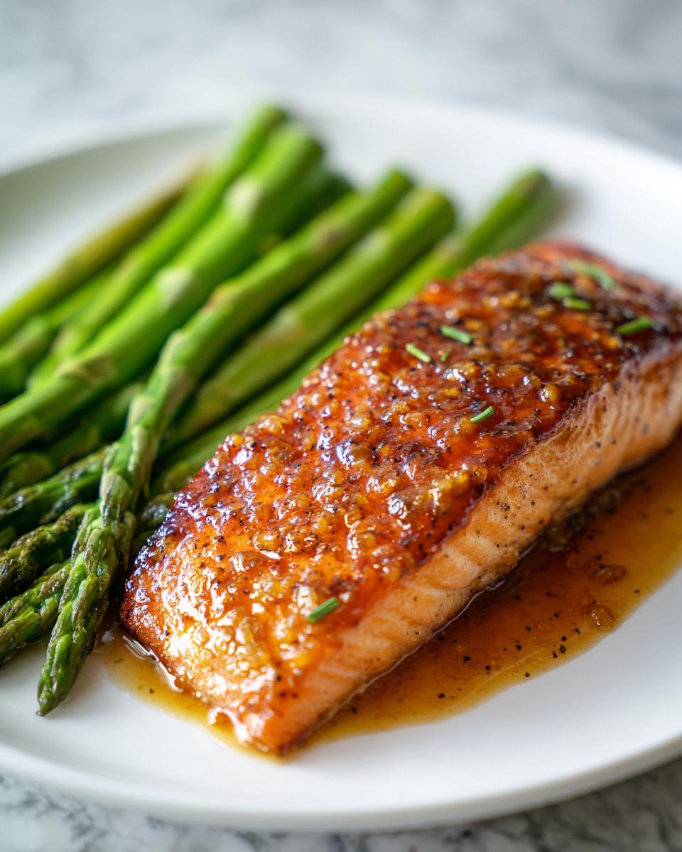 A perfectly cooked, glazed salmon fillet served next to bright green asparagus on a white plate.