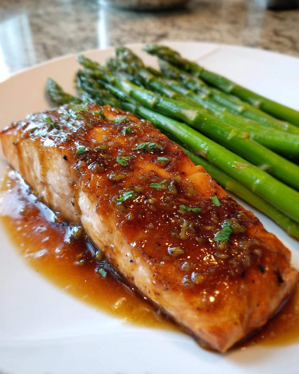 A perfectly cooked salmon fillet covered in a shiny glaze, served next to bright green asparagus spears.