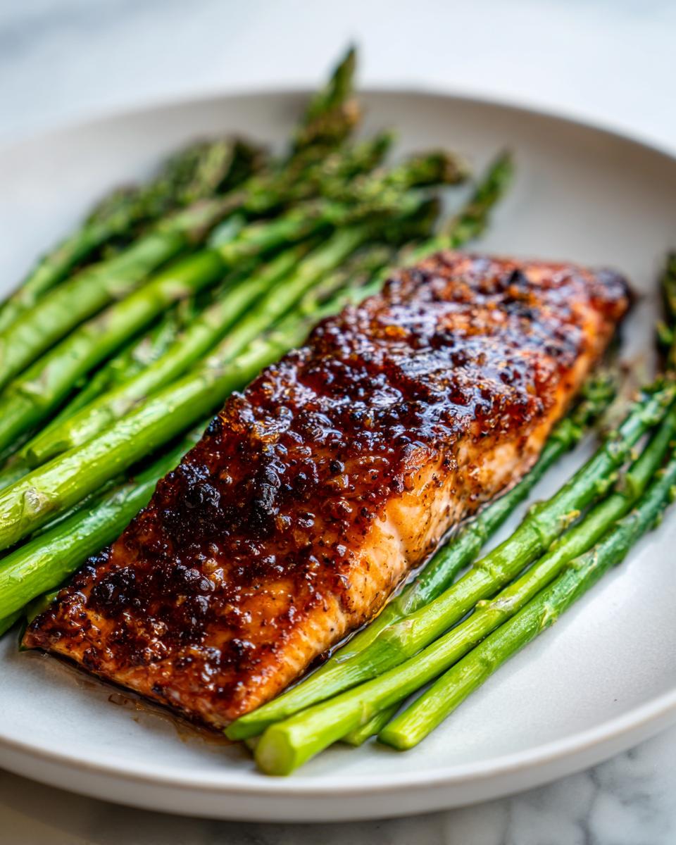 Close-up of a perfectly cooked, glazed salmon fillet served alongside bright green roasted asparagus.