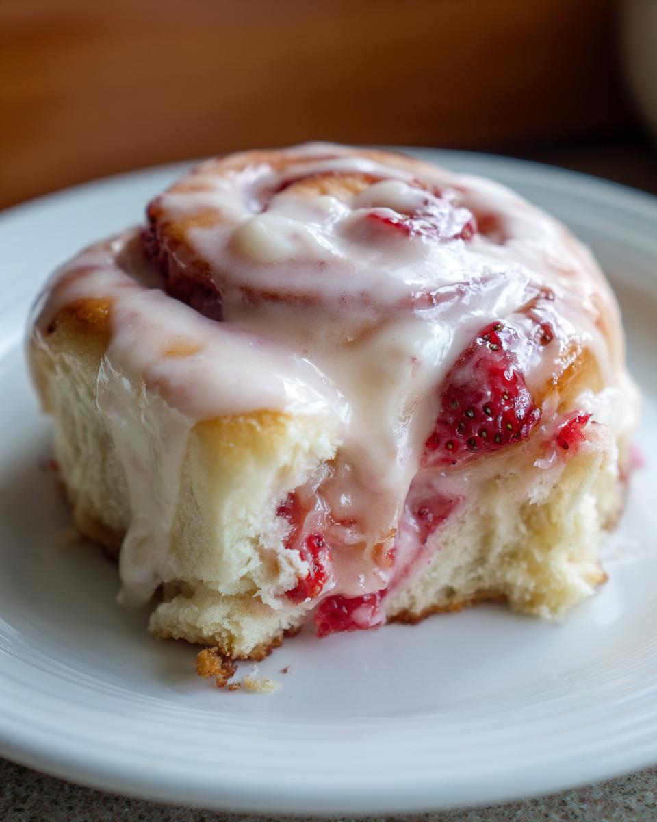 A close-up of a soft, glazed strawberry cinnamon rolls, showing the gooey strawberry filling and thick white icing.