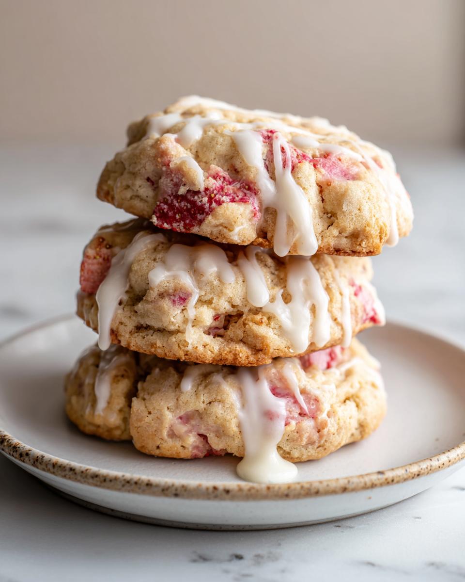 Three stacked strawberry shortcake cookies drizzled with white vanilla glaze on a small plate.