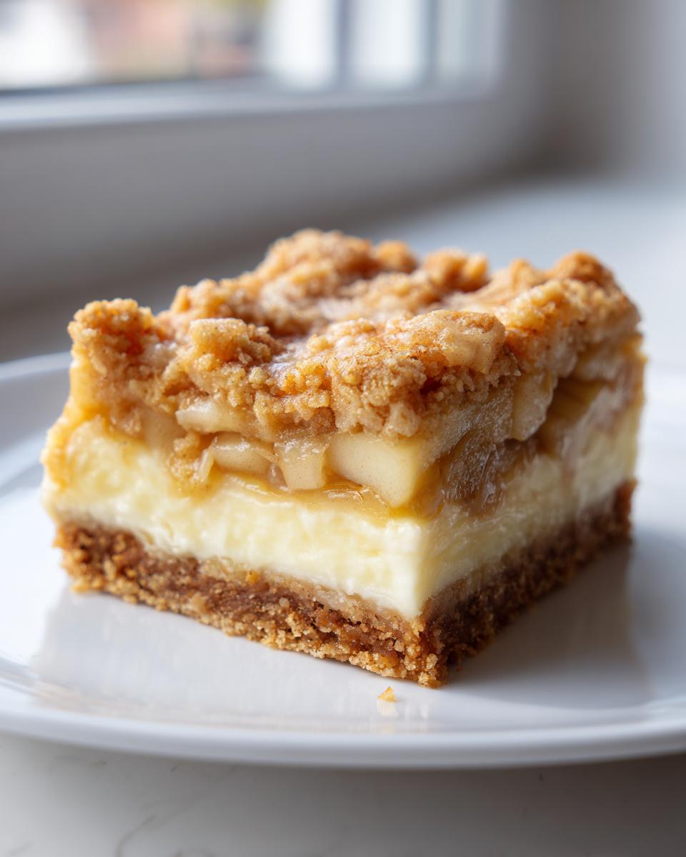 A close-up of a single, layered gluten free apple cheesecake bars slice on a white plate.