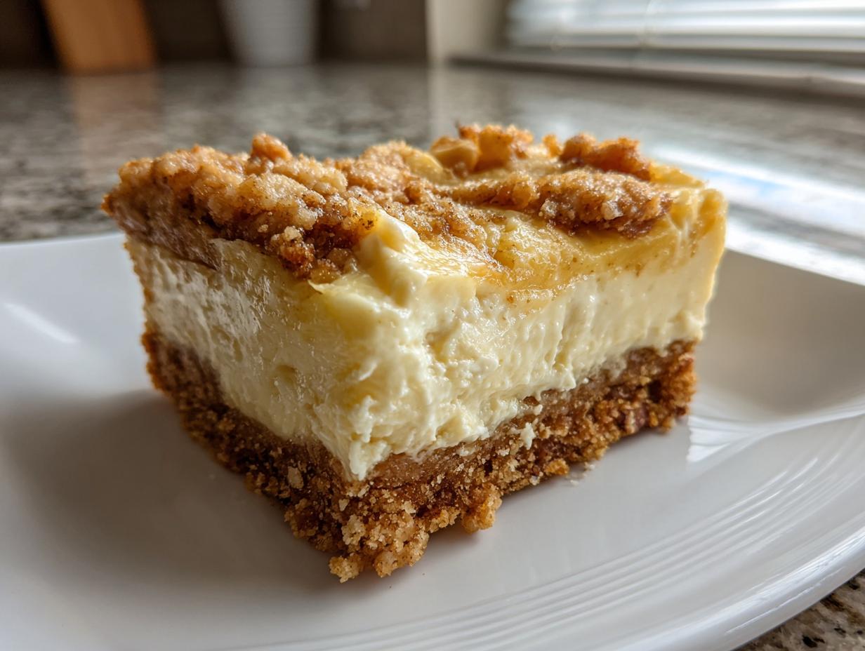 Close-up of a thick slice of gluten free apple cheesecake bars showing the crumb crust, creamy filling, and streusel topping.