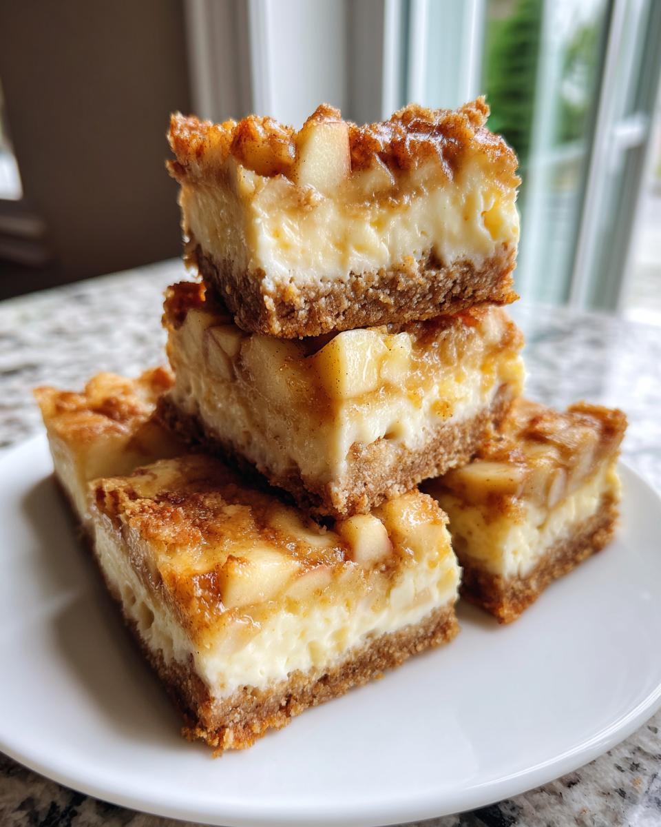 A stack of rich, three-layer gluten free apple cheesecake bars featuring a graham crust, creamy filling, and cinnamon apple topping.
