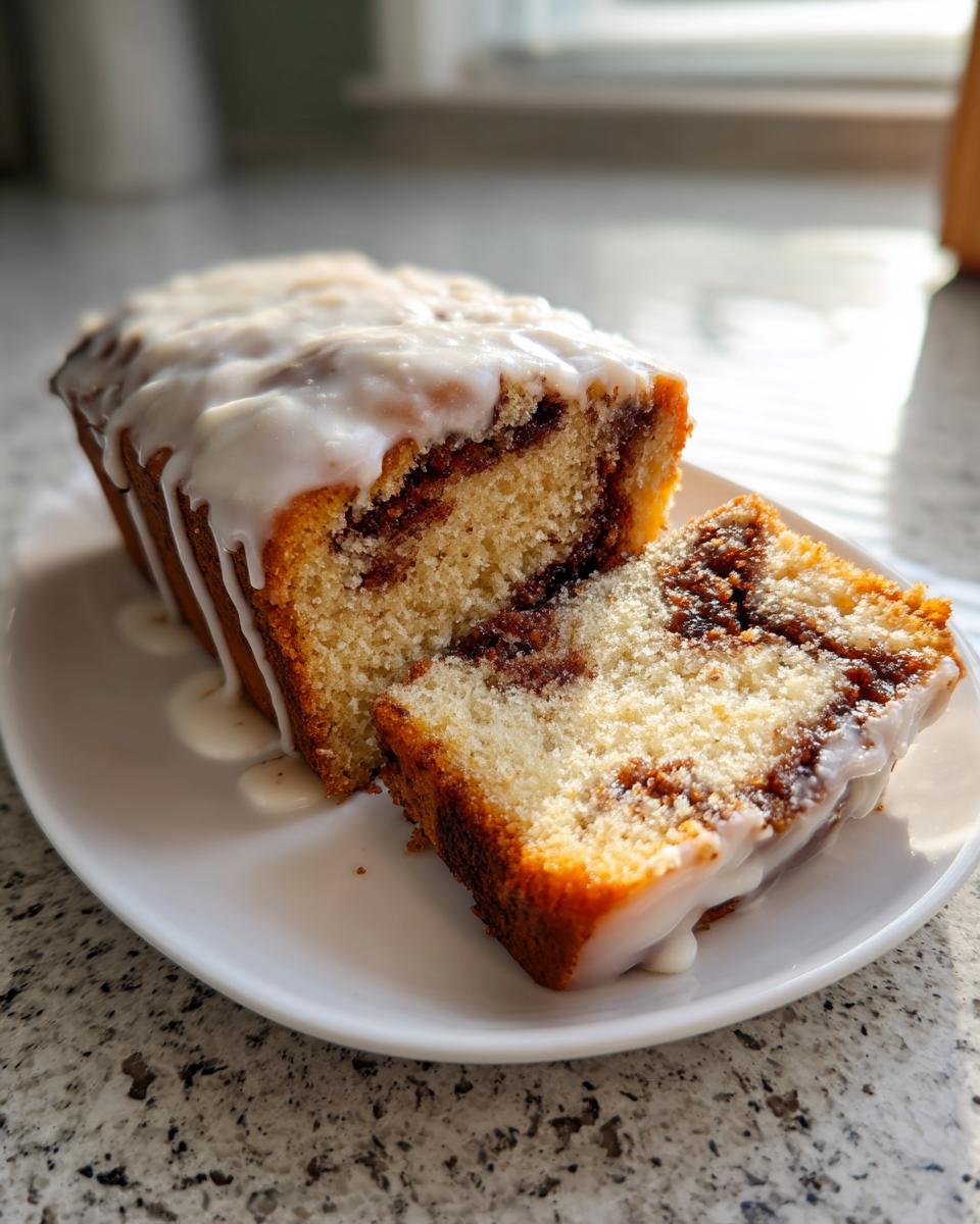 A sliced loaf of gluten free cinnamon roll cake recipe topped with thick white icing.
