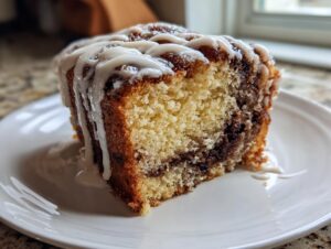 Close-up of a moist slice of gluten free cinnamon roll cake, featuring a cinnamon swirl and thick white icing drizzle.